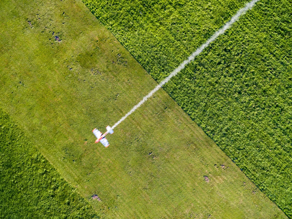 Draufsicht eines weißen Modellflugzeugs, das diagonal über eine grüne Wiese mit Baumreihen fliegt
