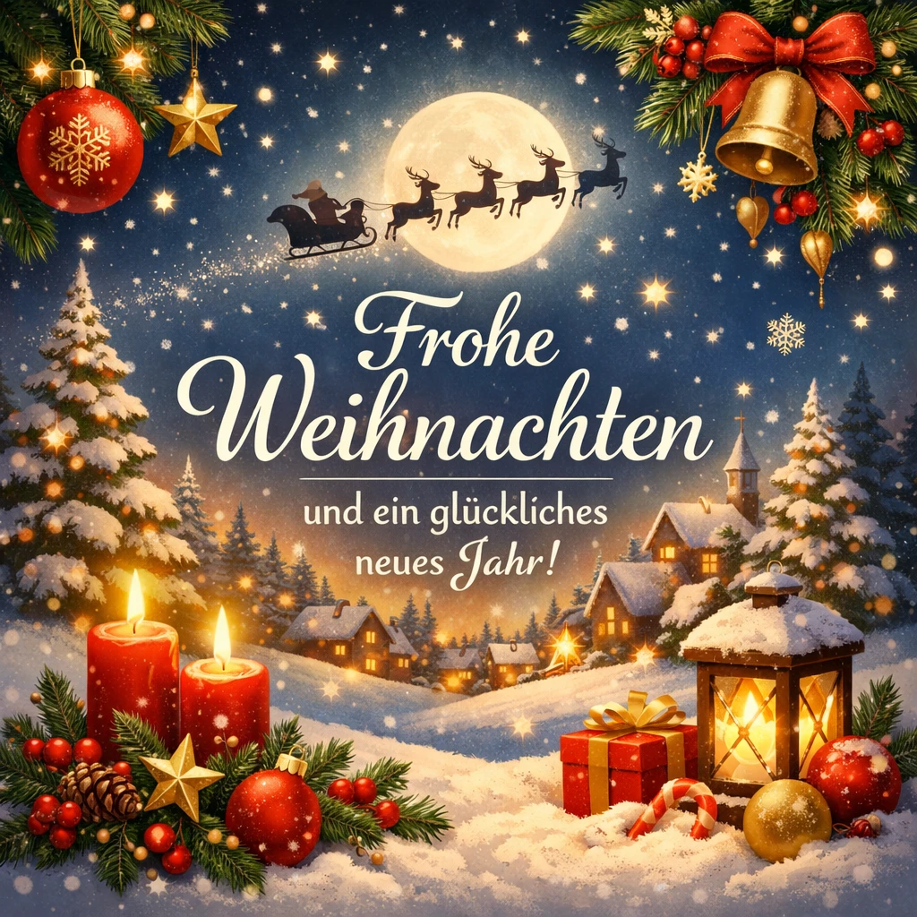 Weihnachtskarte mit Text Frohe Weihnachten, Kerzen, Geschenken und Weihnachtsmann im Schlitten