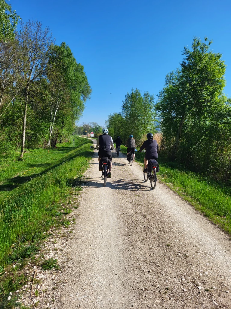 Drei Radfahrer von hinten auf einem geschotterten Radweg, umgeben von grünen Bäumen und Wiesen an einem sonnigen Frühlingstag