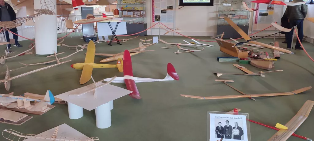 Zahlreiche Modellflugzeuge auf grünem Boden, verschiedene Holz- und Kunststoffmodelle, rote Absperrung, Ausstellungsraum mit Vitrinen