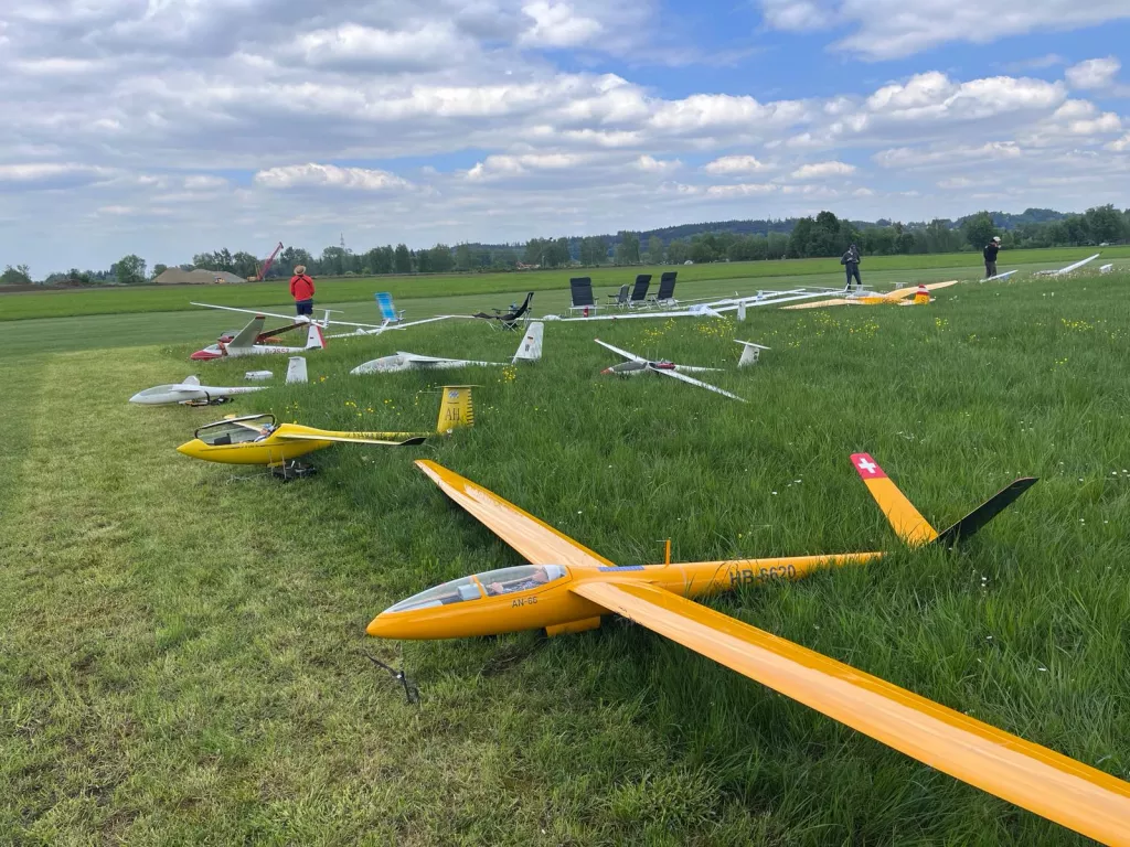 Mehrere gelbe und weiße Segelflugmodelle auf einer grünen Wiese, im Hintergrund Bäume und Wolken, zwei Personen am Rand des Platzes