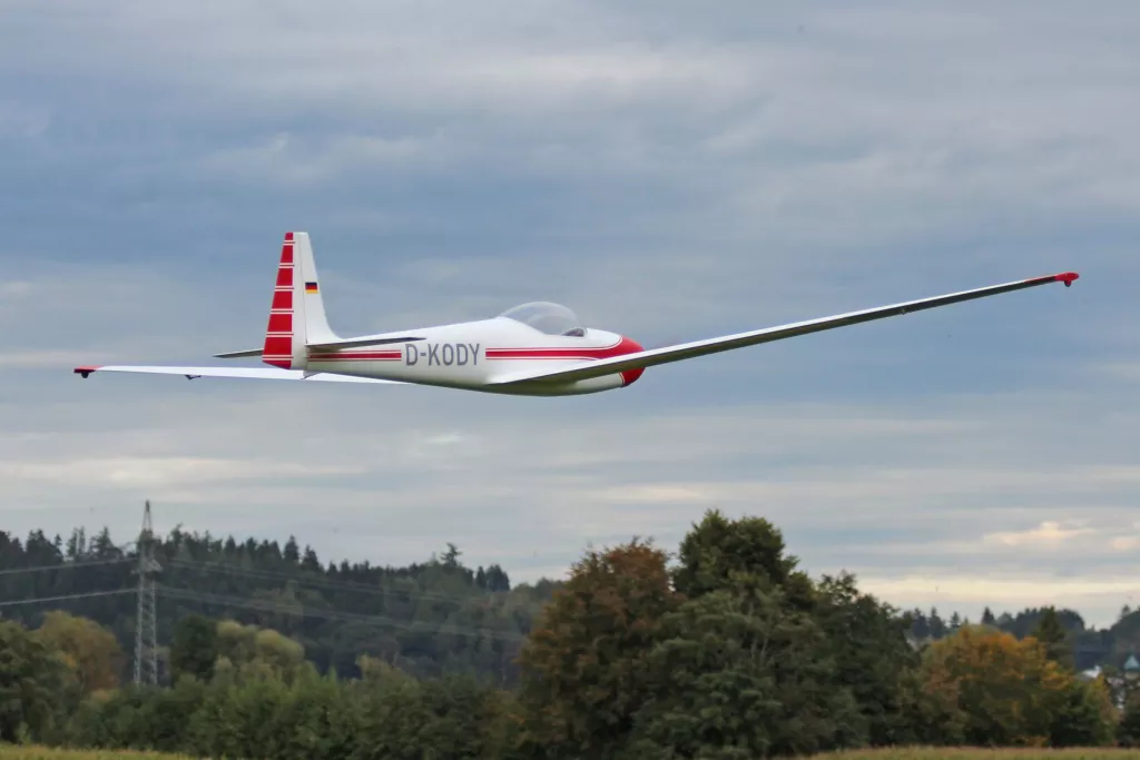 Wei&szlig;es Segelflugzeugmodell mit rot-wei&szlig;er Lackierung fliegt &uuml;ber Baumlandschaft mit Strommasten