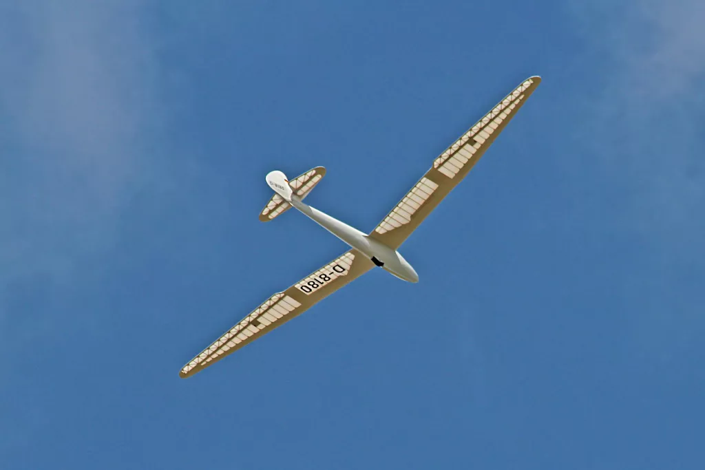 Wei&szlig;es Segelflugzeug-Modell mit langen Tragfl&auml;chen, in blauem Himmel fliegend, Kennzeichen D-8180 sichtbar