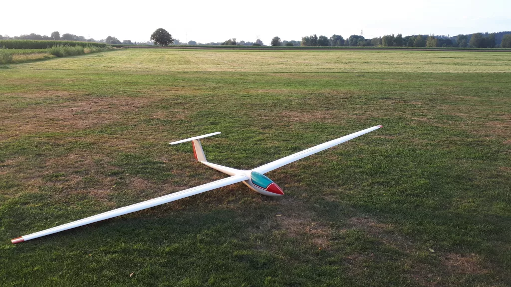 Weißes Segelflugzeugmodell mit rot-blauer Cockpithaube, ausgebreitet auf gemähter Wiese mit Baumreihen im Hintergrund