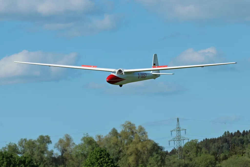 Wei&szlig;es Segelflugzeugmodell mit roten Fl&uuml;gelspitzen fliegt &uuml;ber Baumlandschaft und Stromleitung