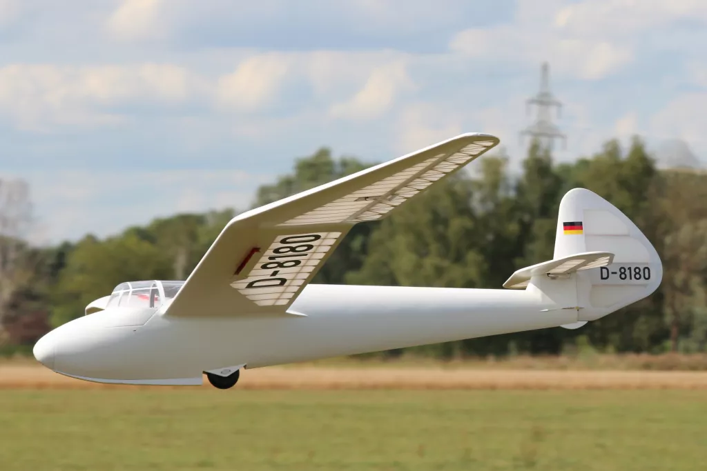 Detailreiches wei&szlig;es Segelflugzeug-Modell mit deutscher Flagge, Kennzeichen D-8180, &uuml;ber Gr&uuml;nfl&auml;che und B&auml;umen schwebend