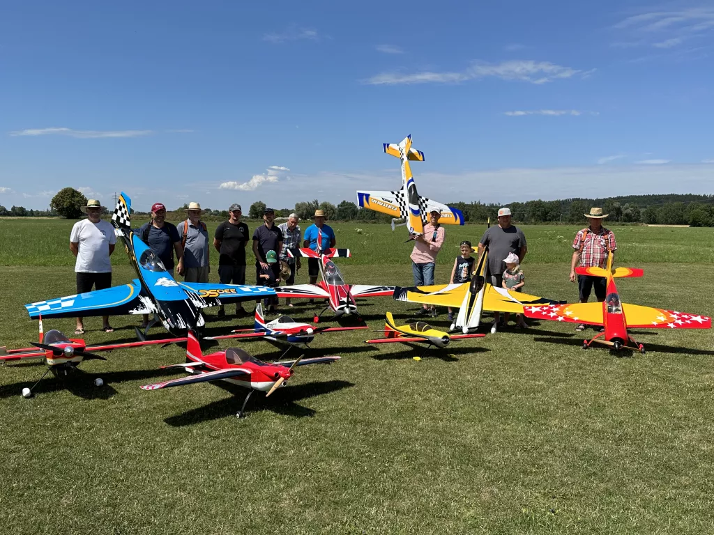 Mehrere bunte Modellflugzeuge auf einer Wiese, umgeben von Vereinsmitgliedern an einem sonnigen Tag