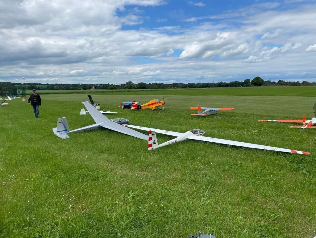 Mehrere wei&szlig;e und farbige Modellflugzeuge auf einer gr&uuml;nen Wiese mit bew&ouml;lktem Himmel und B&auml;umen im Hintergrund
